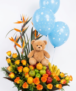 flores y frutas para recien nacido, arreglos florales para recien nacidos