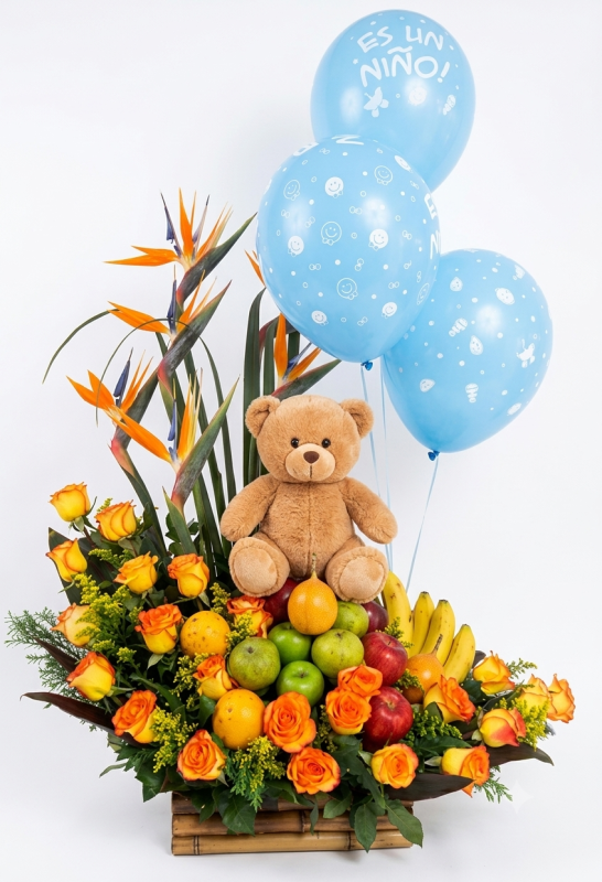 flores y frutas para recien nacido, arreglos florales para recien nacidos